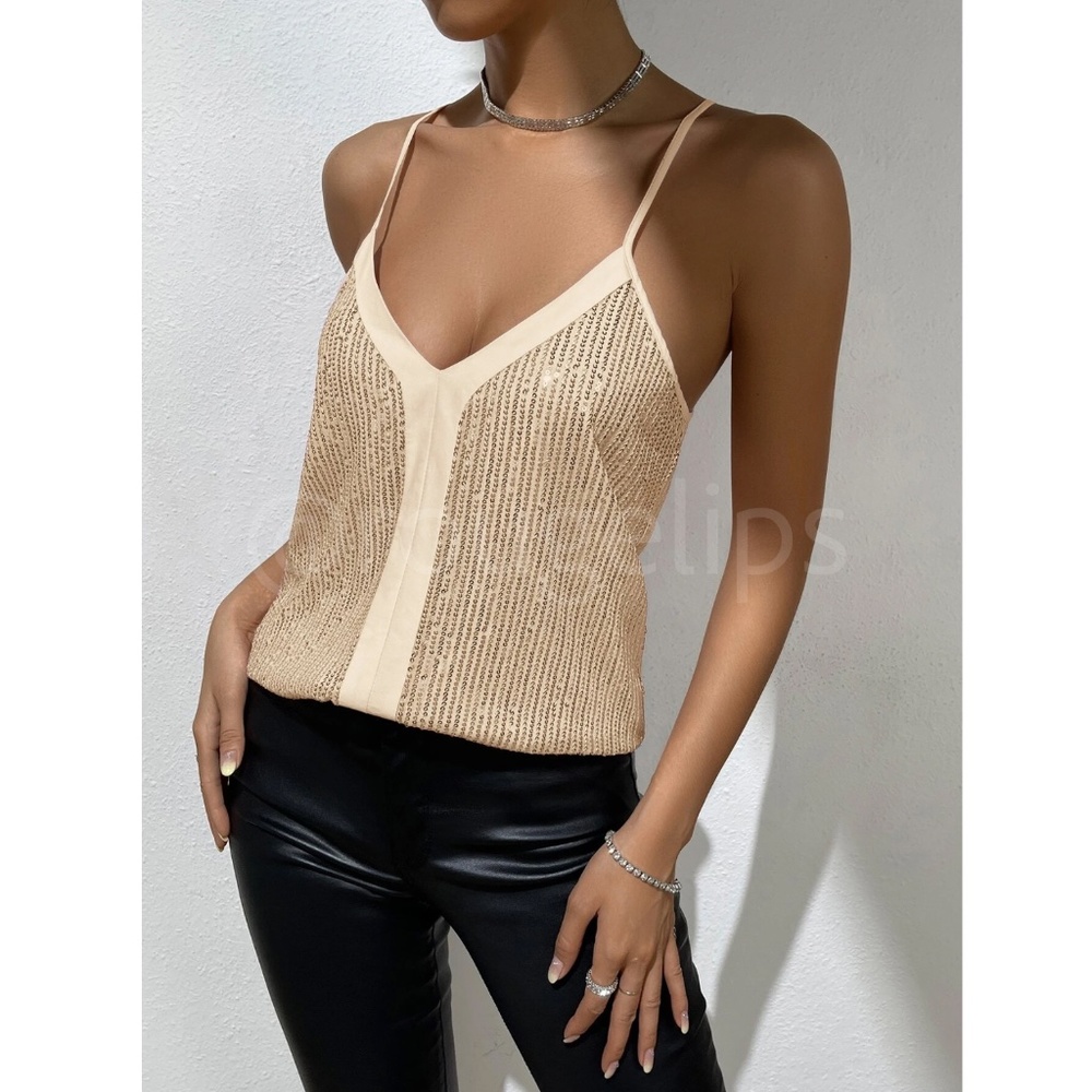 Sequin Detail Champagne Gold Cami Top - Picture 5 of 10